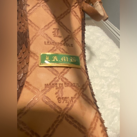 L.A.M.B -Felix, Multi Brown Snakeskin Leather Peep Toe Stiletto Sandal size 9.5M - Picture 9 of 12